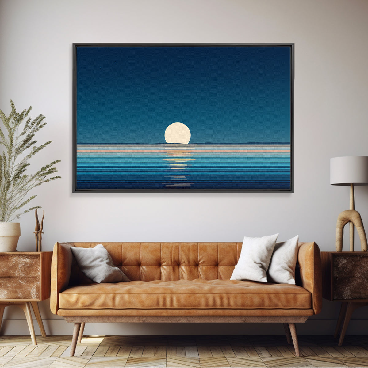 Minimal Full Moon Rising Over Calm Blue Sea Canvas Print, Modern Coastal Wall Art, Serene Ocean Poster For Bedroom Decor