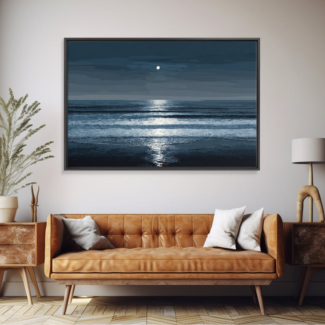 Moonlit Waves And Silver Reflection Framed Canvas Print, Blue Ocean Wall Art, Modern Coastal Bedroom Decor, Seascape Poster