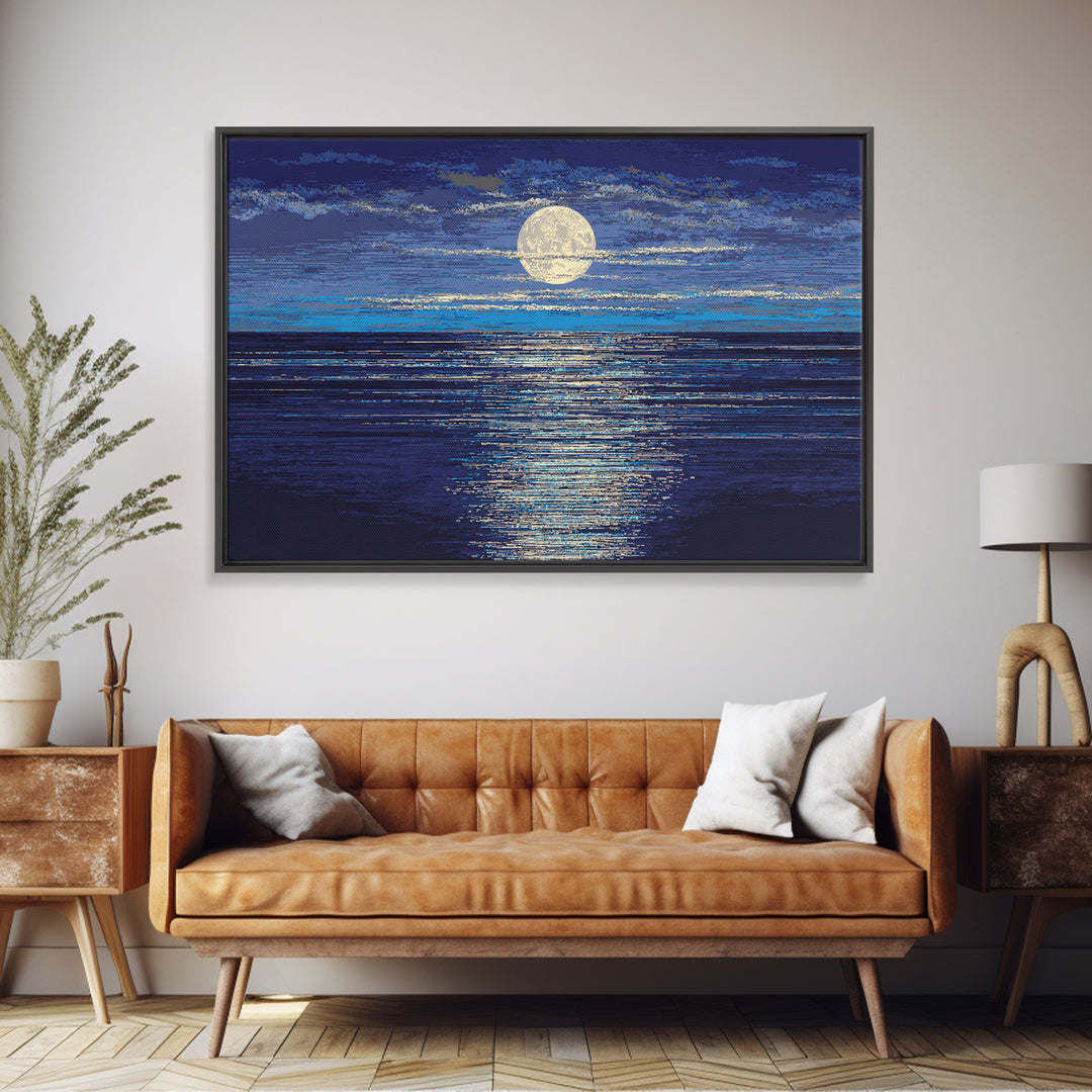 Full Moon Over Deep Blue Water With Glow Wall Art, Modern Coastal Seascape Print, Textured Ocean Decor For Bedroom And Living Room