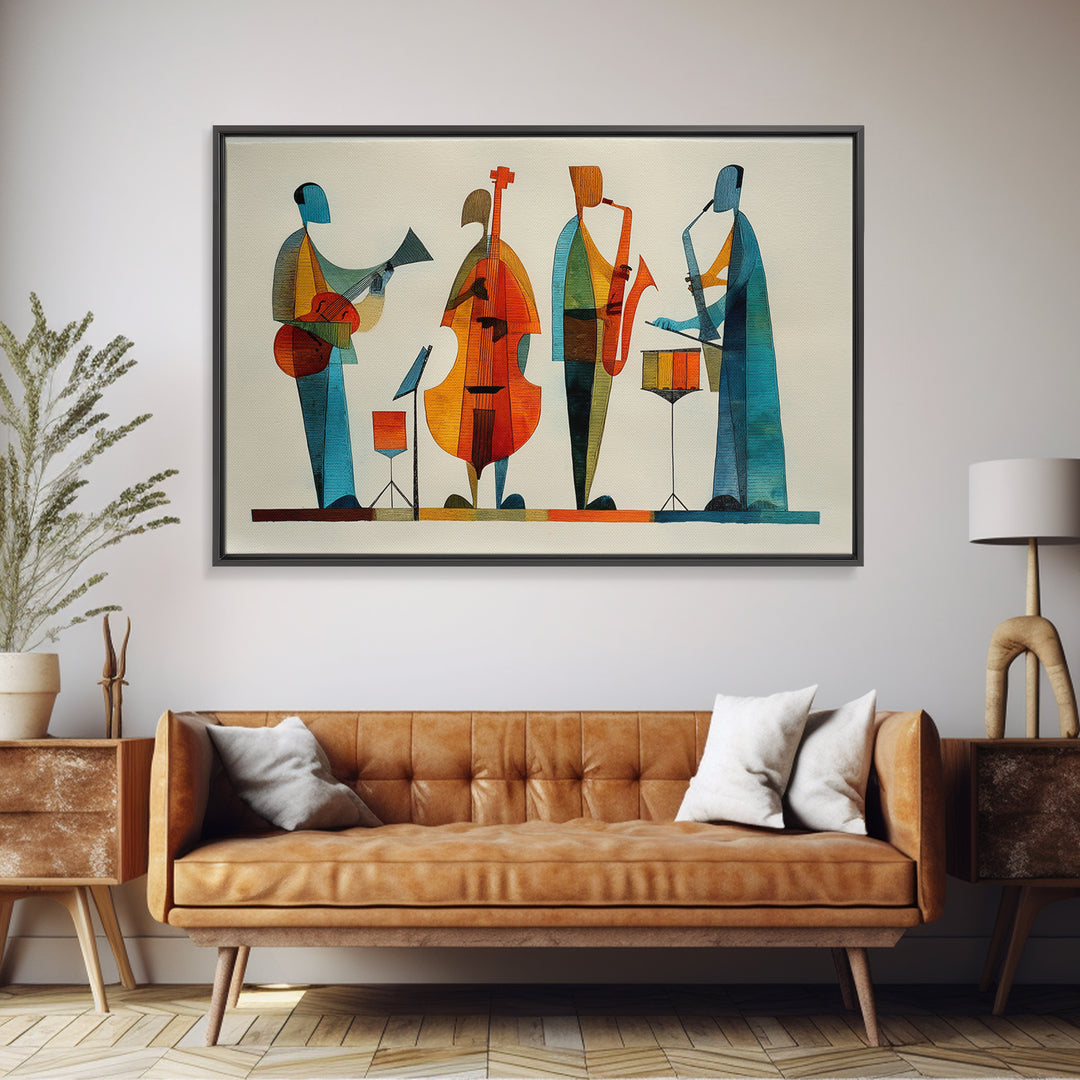 Minimalist Woodcut Jazz Band With Bass And Drums Framed Canvas Print, Midcentury Modern Wall Art, Scandinavian MCM Decor