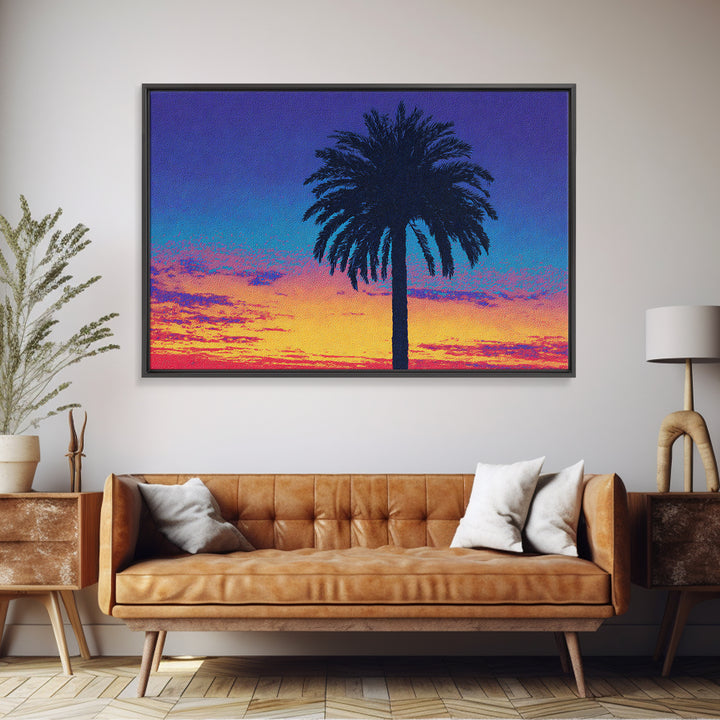 Palm Tree Silhouette At Purple Orange Sunset Wall Art, Retro Tropical Poster, Midcentury Modern Coastal Home Decor, Palm Springs