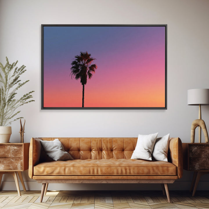 Palm Tree Sunset Silhouette Wall Art, Pink Orange Tropical Canvas Print, Retro Coastal Decor, California Art Print, Living Room Decor