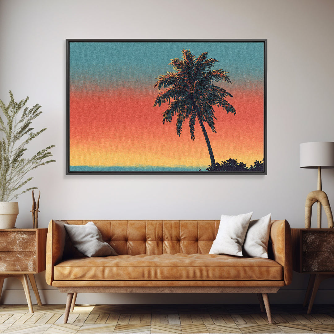 Textured Palm Sunset Wall Art, Retro Tropical Canvas Print, Midcentury Modern Decor, California Poster, Coastal Home Decor