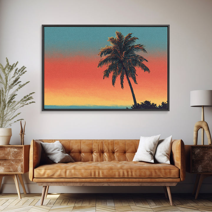 Textured Palm Sunset Wall Art, Retro Tropical Canvas Print, Midcentury Modern Decor, California Poster, Coastal Home Decor