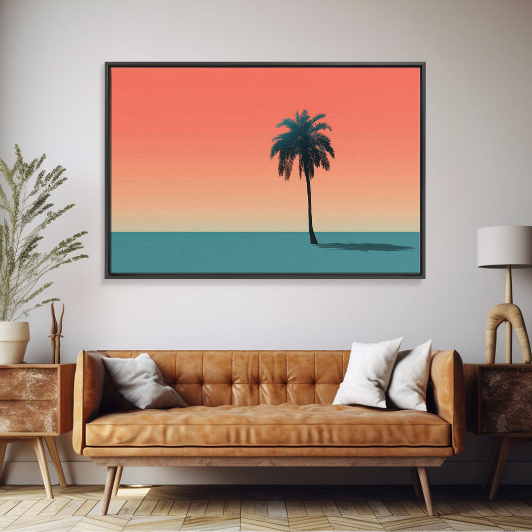 Minimal Palm Tree Shadow Wall Art, Modern Tropical Canvas Print, Teal Orange Sunset Decor, Palm Springs Home Art, Retro Wall Decor