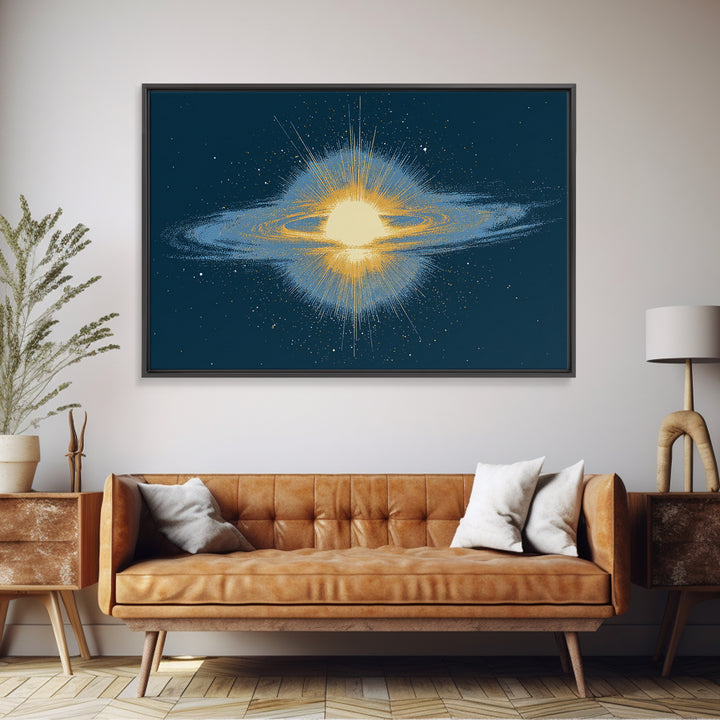 Glowing Galaxy Ring Wall Art, Cosmic Abstract Canvas Print, Space Poster, Modern Digital Art, Blue Gold Star Decor, Sci Fi Wall Art