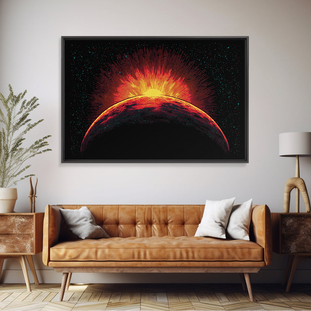 Fiery Red Planet Sunrise Wall Art, Retro Sci Fi Canvas Print, Cosmic Space Poster, Orange Black Modern Home Decor, Art Print