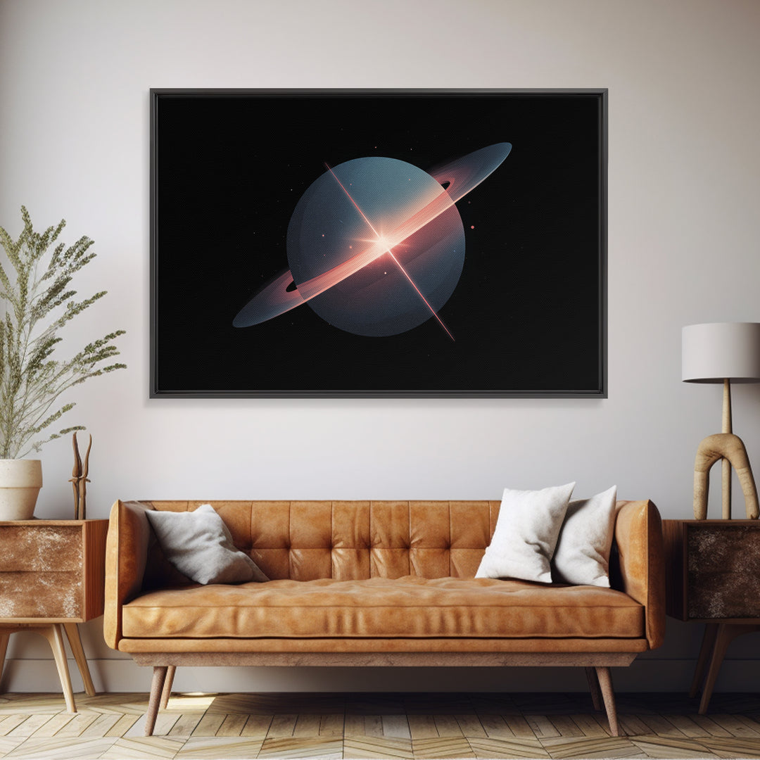 Blue Ringed Planet Wall Art, Saturn Inspired Canvas Print, Retro Space Poster, Modern Sci Fi Decor, Galaxy Art Print Gift