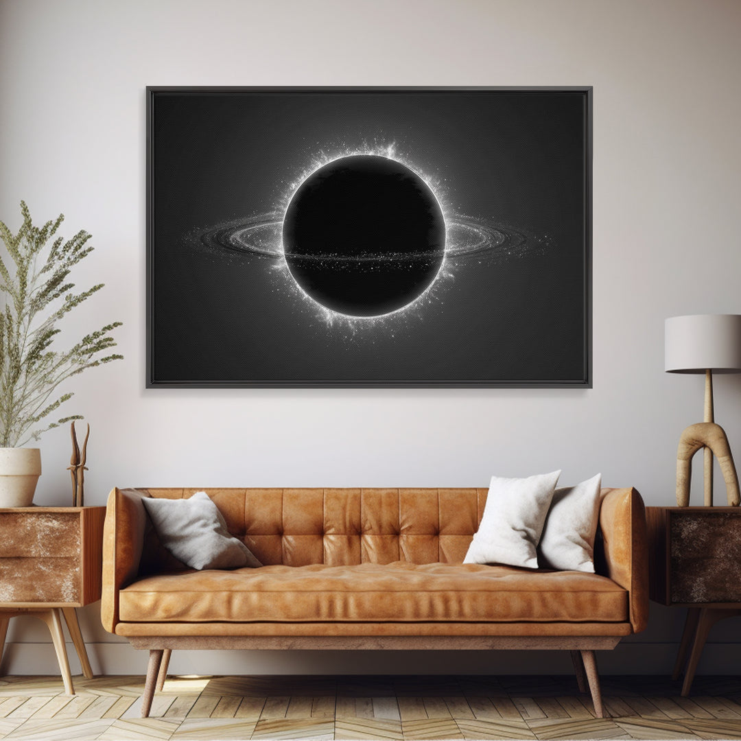 Black Eclipse Ringed Planet Wall Art, Monochrome Space Canvas Print, Modern Abstract Art, Sci Fi Home Office Decor, Poster