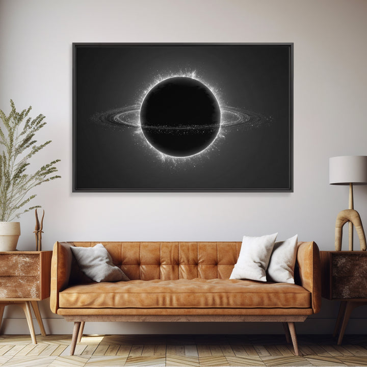 Black Eclipse Ringed Planet Wall Art, Monochrome Space Canvas Print, Modern Abstract Art, Sci Fi Home Office Decor, Poster