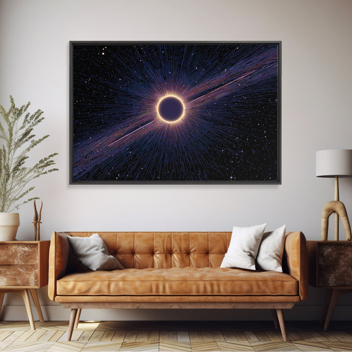 Radiant Solar Eclipse Wall Art, Cosmic Starburst Canvas Print, Space Abstract Poster, Modern Sci Fi Galaxy Decor, Blue Wall Art