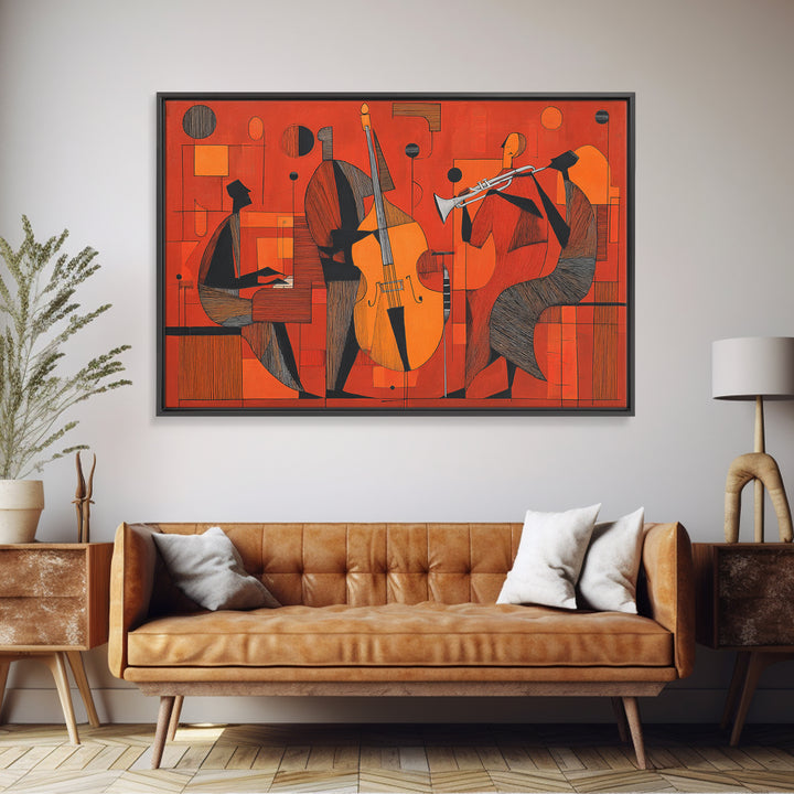 Orange Cubist Jazz Trio With Piano Bass And Trumpet Wall Art, Midcentury Modern Art Print, Atomic Music Room Retro Decor