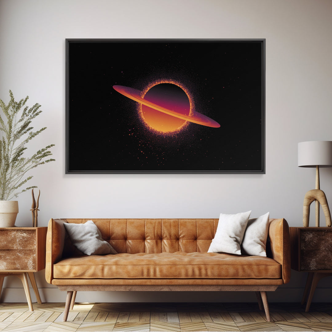 Orange Ringed Planet Wall Art, Retro Cosmic Canvas Print, Saturn Inspired Space Poster, Modern Sci Fi Home Decor, Galaxy Art Print