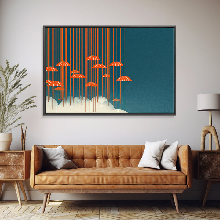 Orange Umbrella Rainfall Canvas Print, Teal Sky Cloudscape Wall Decor, Midcentury Modern Art, Retro Graphic Poster For Living Room