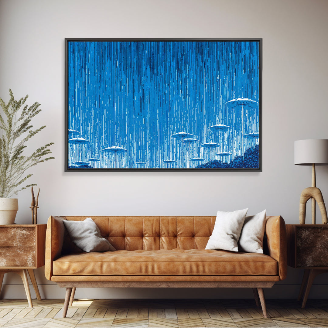 Blue Monsoon Umbrella Rain Wall Art, White Parasol Storm Scene, Modern Abstract Art Print, Coastal Bedroom Wall Decor Poster