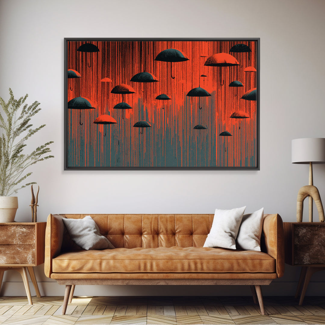 Red And Black Umbrella Storm Framed Canvas Print, Dramatic Rain Wall Art, Modern Abstract Poster, Bold MCM Wall Decor Print