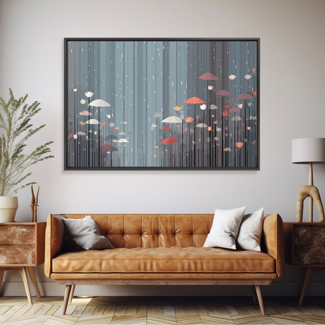 Soft Gray Floral Umbrella Rain Wall Art, Moody Botanical Storm Scene, Modern Home Decor, Bedroom Framed Canvas Print Poster