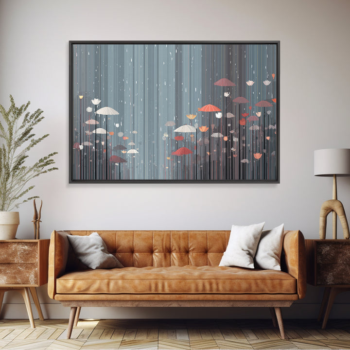 Soft Gray Floral Umbrella Rain Wall Art, Moody Botanical Storm Scene, Modern Home Decor, Bedroom Framed Canvas Print Poster