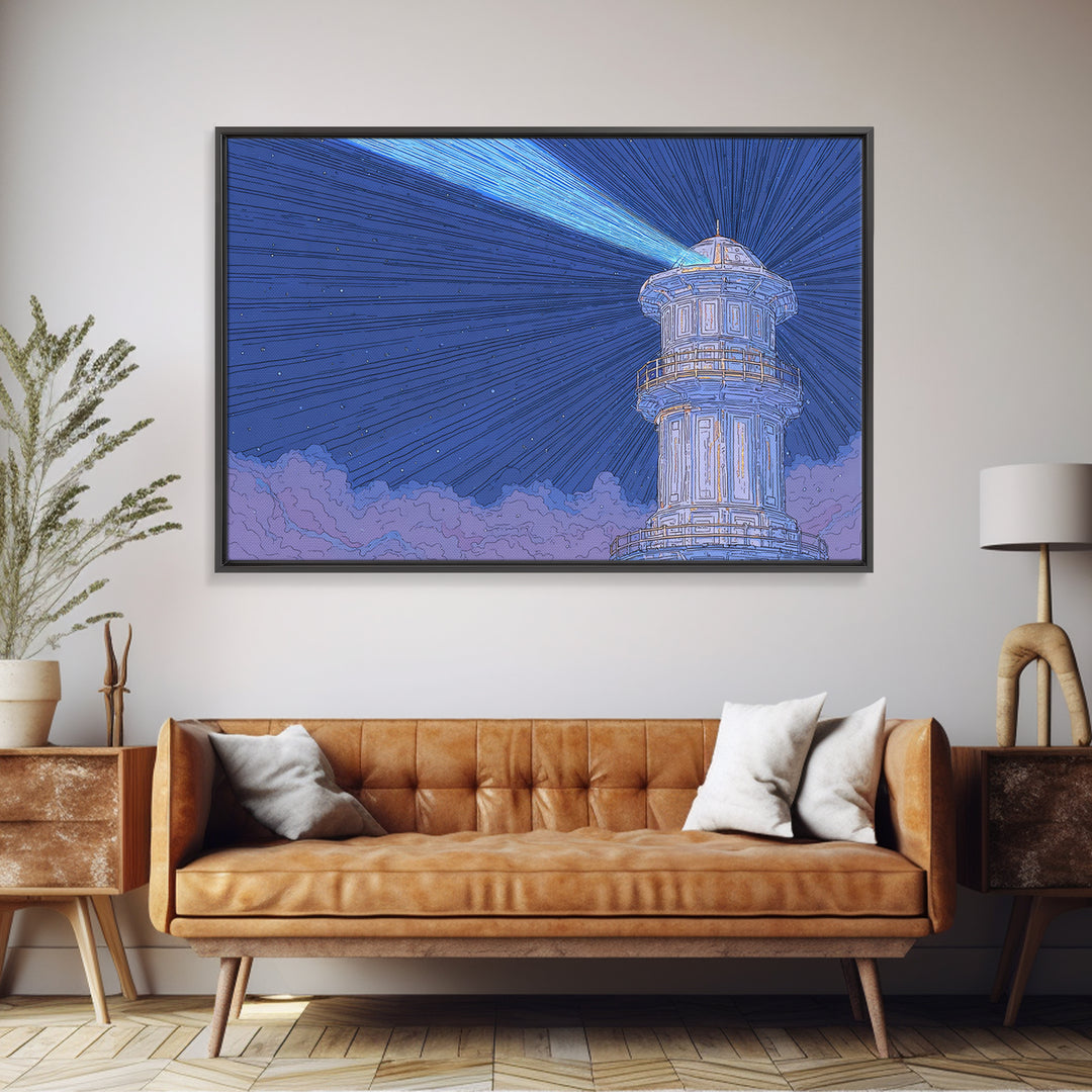 Blue Lighthouse Beam Framed Canvas Print, Coastal Night Sky Wall Art, Nautical Modern Poster, Scenic Ocean Home Decor Print