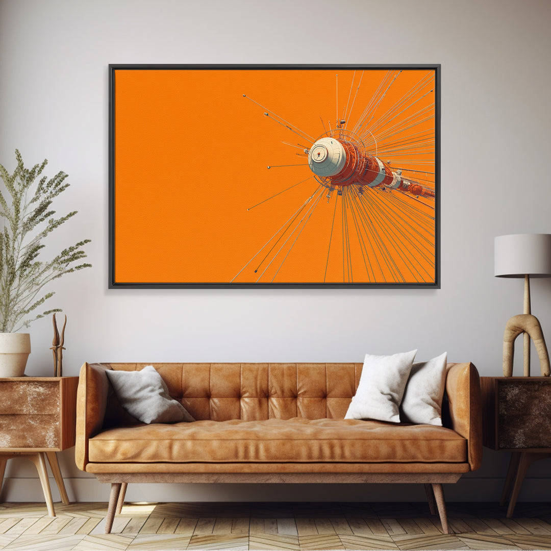 Orange Retro Space Satellite Canvas Print, Sputnik Inspired Antenna Wall Art, Modern Sci Fi Poster, Midcentury Decor Gift