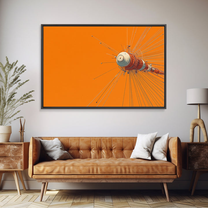 Orange Retro Space Satellite Canvas Print, Sputnik Inspired Antenna Wall Art, Modern Sci Fi Poster, Midcentury Decor Gift