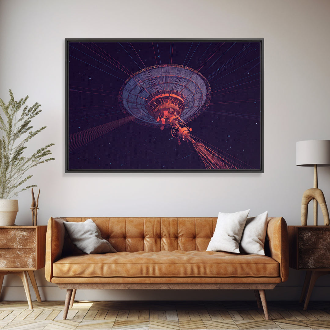 Deep Space Radio Telescope Wall Art, Purple Starry Observatory Dish, Retro Sci Fi Poster, Modern Abstract Canvas Print Decor