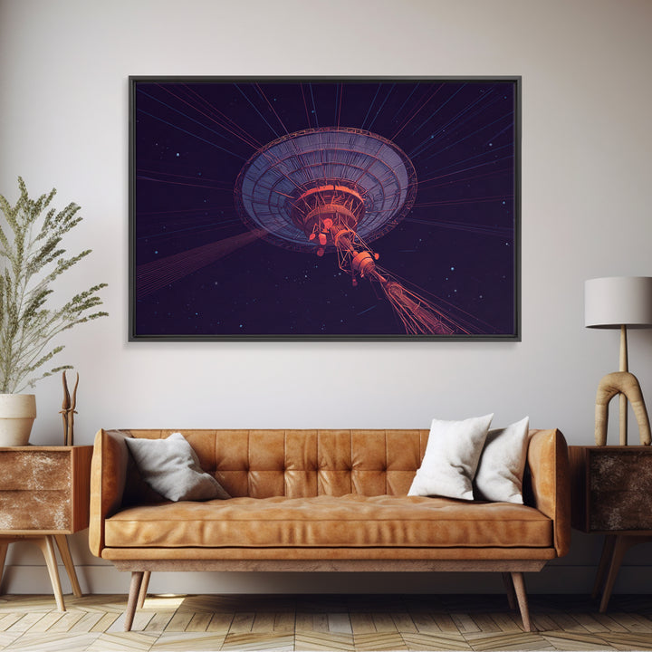Deep Space Radio Telescope Wall Art, Purple Starry Observatory Dish, Retro Sci Fi Poster, Modern Abstract Canvas Print Decor