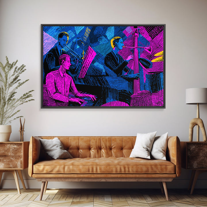 Electric Blue Magenta Jazz Club Trio Wall Art, Midcentury Modern Art Print, Neon Retro Piano Bass Music Room Decor, Poster