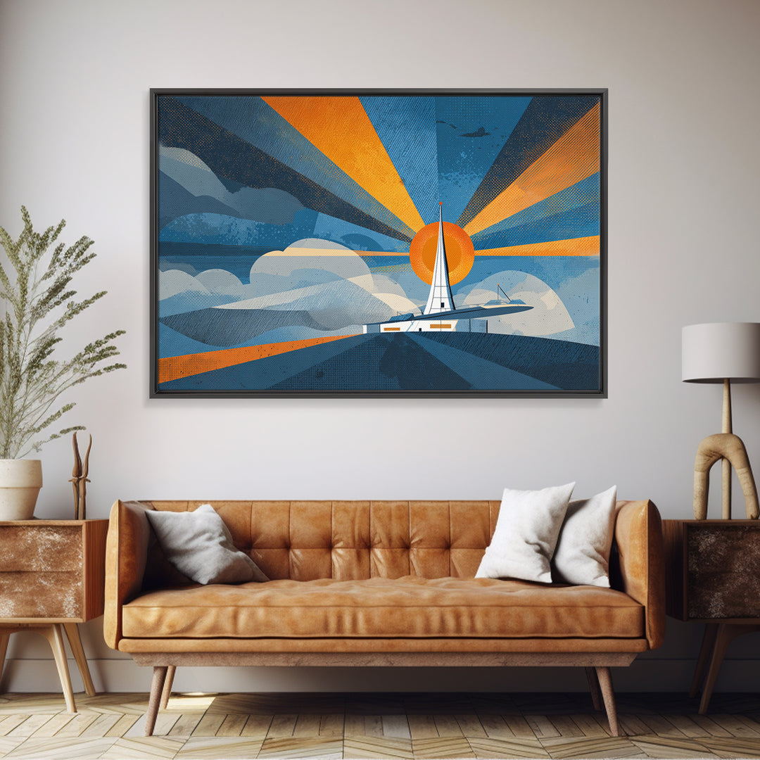 Midcentury Sailboat Sunset Wall Art, Blue Orange Ocean Rays, Retro Travel Poster, Modern Coastal Home Decor Canvas Print