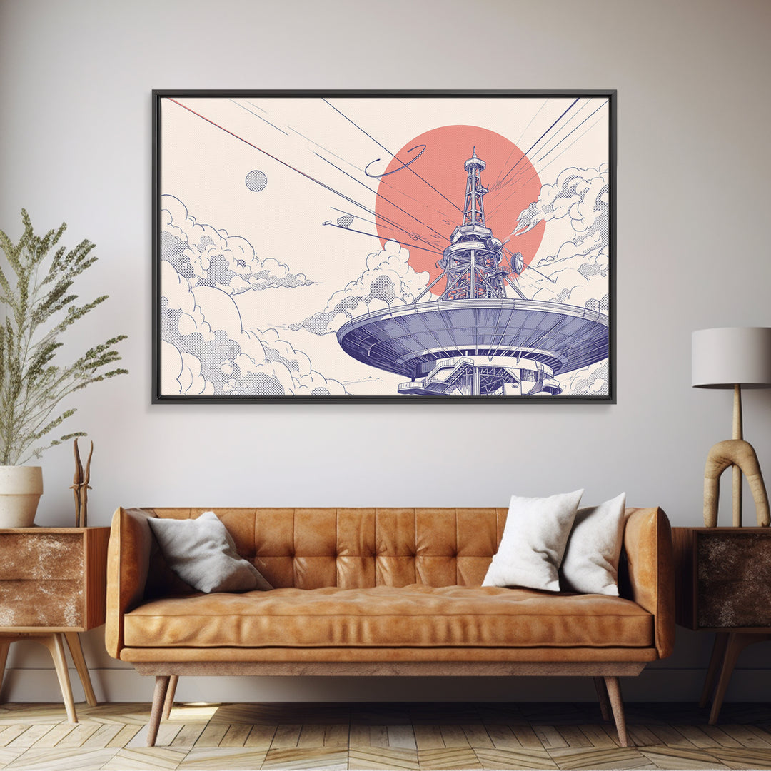 Retro Satellite Dish Under Coral Sun Wall Art, Mid Century Modern Space Poster, Sci Fi Architectural Print, Office Wall Decor