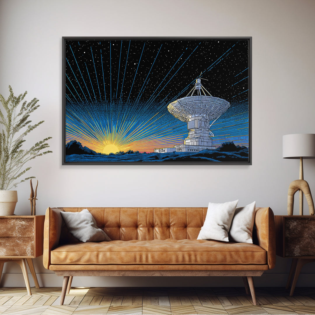Starry Radio Telescope Sunrise Canvas Print, Mid Century Modern Wall Art, Retro Space Poster, Astronomy Home Office Decor
