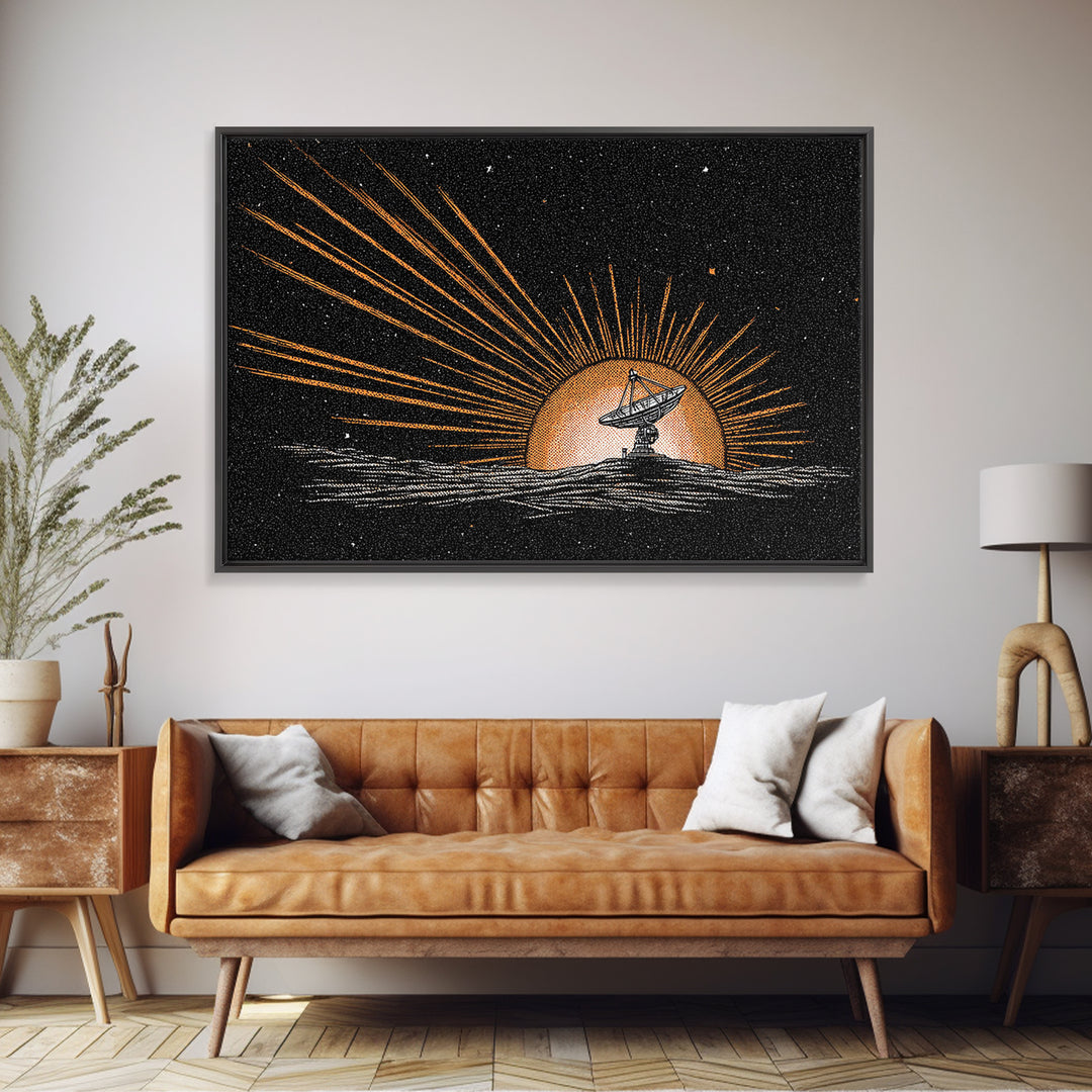Tiny Satellite Dish On Orange Planet Wall Art, Retro Sci Fi Space Poster, Mid Century Modern Abstract Art Print, Man Cave Decor