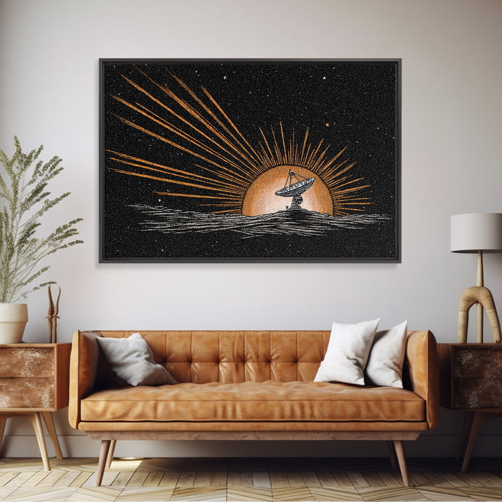 Tiny Satellite Dish On Orange Planet Wall Art, Retro Sci Fi Space Poster, Mid Century Modern Abstract Art Print, Man Cave Decor