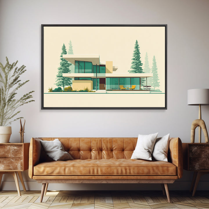 Minimal Glass House With Pines Framed Canvas Print, Mid Century Modern Architecture Wall Art, Scandinavian Modern Home Decor