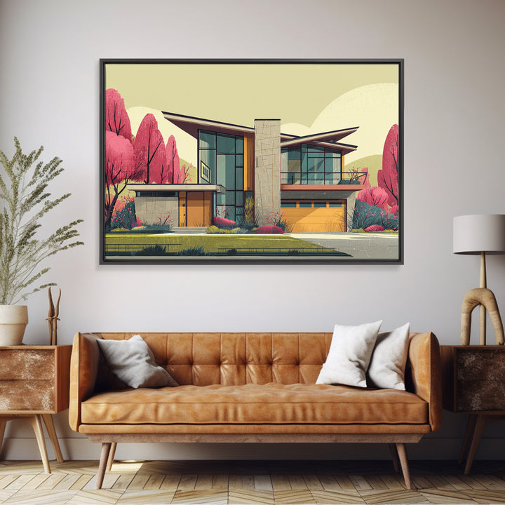 Angular Modern Home With Pink Trees Wall Art, Mid Century Modern Architecture Print, Colorful Retro Home Decor, MCM Poster