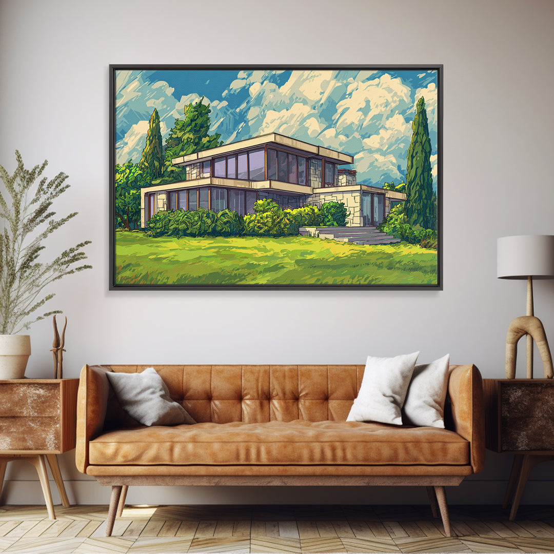 Sunlit Glass Villa And Cypress Garden Canvas Print, Mid Century Modern Wall Art, Architectural Landscape Poster, Living Room Decor