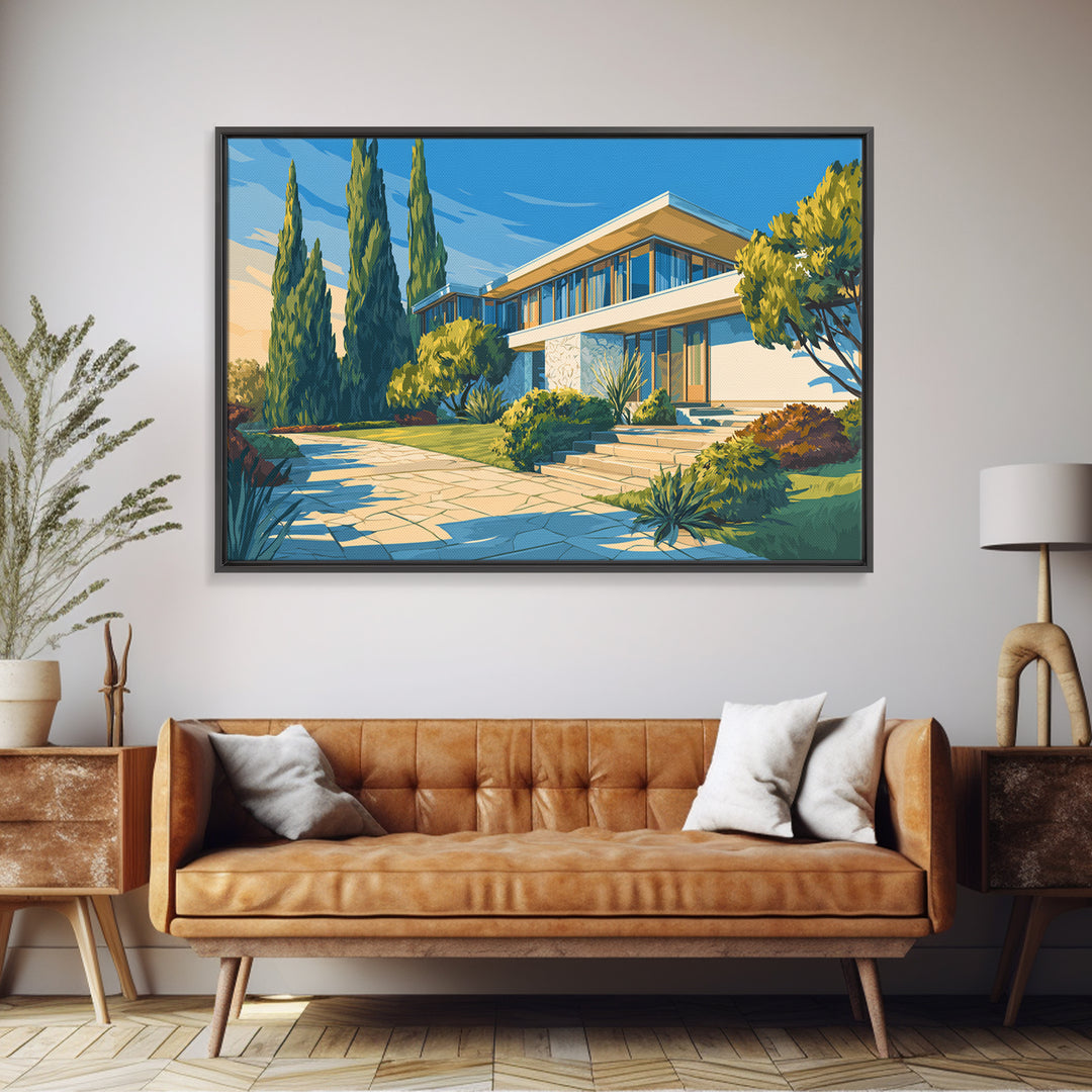 Blue Sky Modernist Villa With Cypress Framed Canvas Print, Mid Century Modern Wall Art, Palm Springs Style Home Decor Poster
