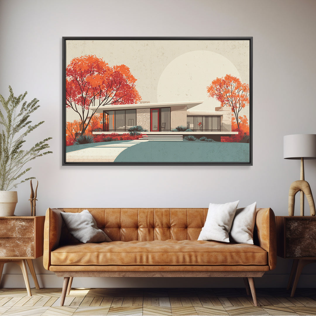 Autumn Mid Century House With Orange Trees Wall Art, Retro Modern Architecture Print, MCM Home Decor, Large Canvas Poster