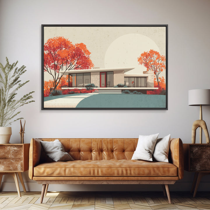 Autumn Mid Century House With Orange Trees Wall Art, Retro Modern Architecture Print, MCM Home Decor, Large Canvas Poster