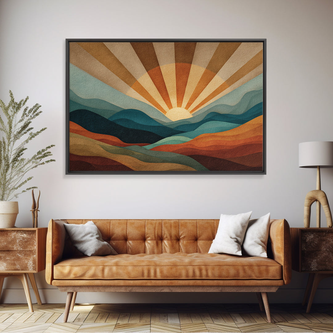 Layered Mountain Sunrise In Teal And Rust Canvas Print, Mid Century Modern Abstract Wall Art, Retro Boho Living Room Decor