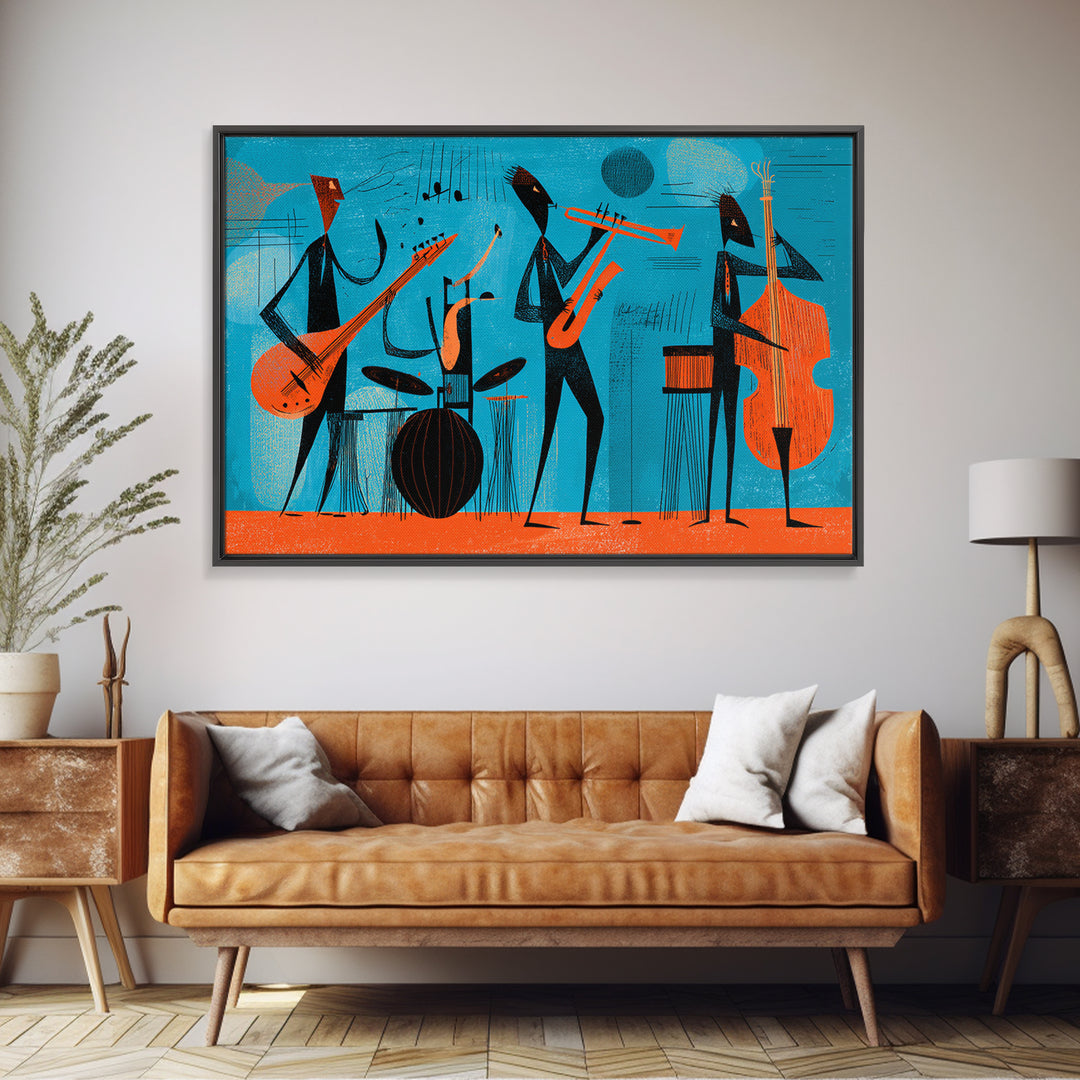 Teal Orange Midcentury Jazz Band With Drums And Bass Canvas Print, Atomic Modern Wall Art, Retro Music Room Decor, Poster
