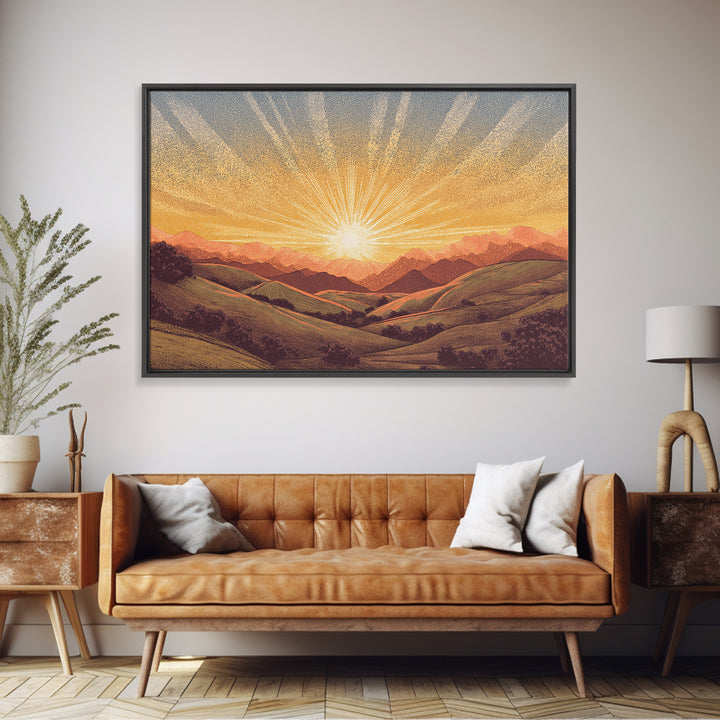 Golden Sunrise Over Rolling Hills Wall Art, Scenic Landscape Poster, Mid Century Modern Nature Art, Warm Bedroom Decor Print