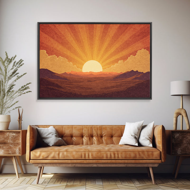 Orange Desert Sunrise Wall Art, Retro Sunburst Landscape Print, Mid Century Modern Decor, Warm Southwestern Living Room Art
