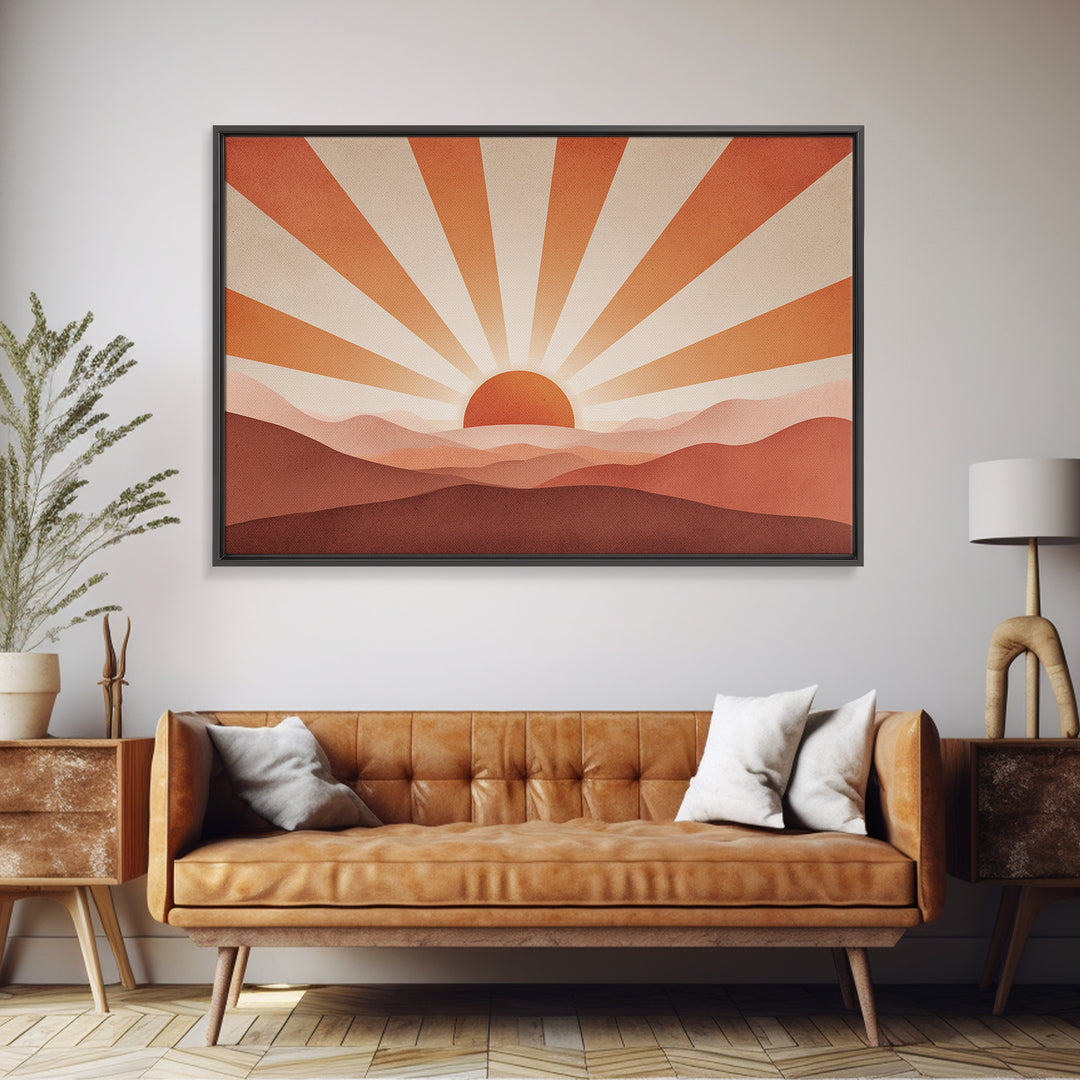 Minimalist Abstract Sunrise Canvas Print, Blush Mountain Landscape, Mid Century Modern Wall Decor For Bedroom And Office