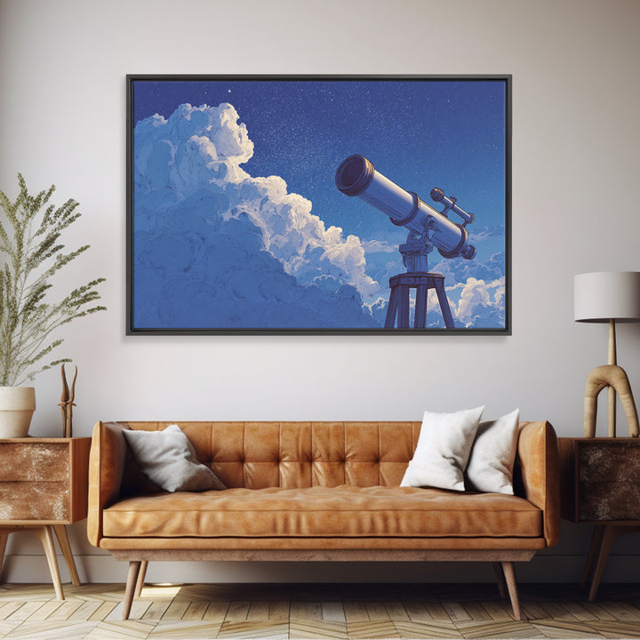 Blue Cloud Telescope Framed Canvas Print, Dreamy Night Sky Illustration, Astronomy Wall Decor For Modern Bedroom And Office Art