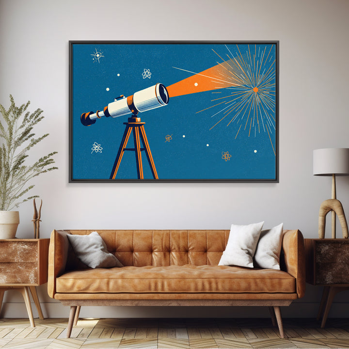 Mid Century Telescope Beam Wall Art, Atomic Space Illustration, Blue Orange Retro Poster For Modern Science Room Home Decor