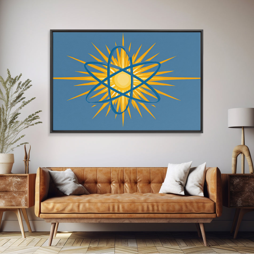 Blue Atom Sunburst Wall Art, Mid Century Modern Science Print, Atomic Geometric Poster For Office And Kids Room Home Decor