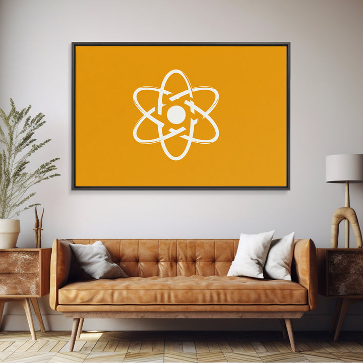 White Atom Symbol Canvas Print, Minimal Orange Science Poster, Mid Century Modern Wall Art For Office And Classroom Decor