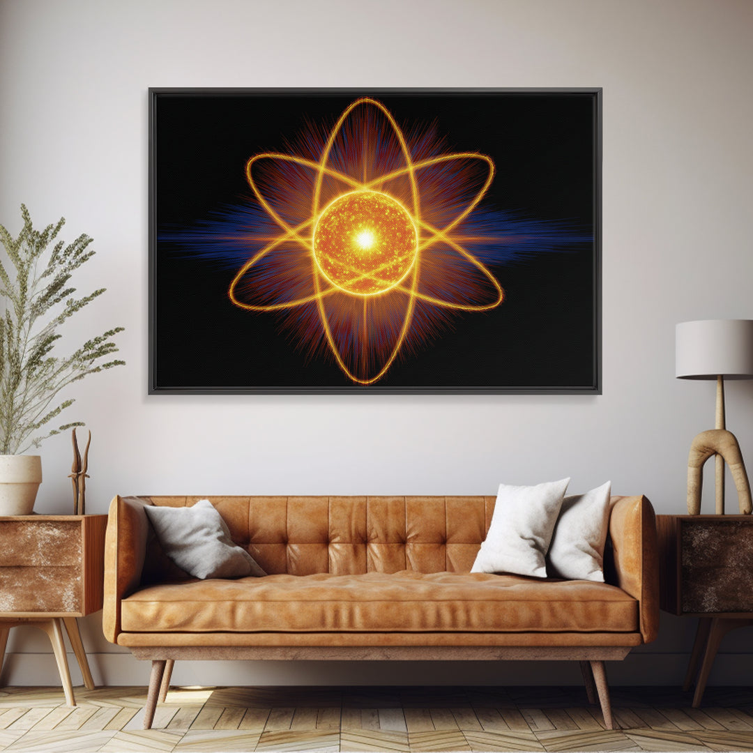 Glowing Atom Energy Wall Art, Black Space Science Print, Atomic Mid Century Modern Poster For Office And Man Cave Home Decor