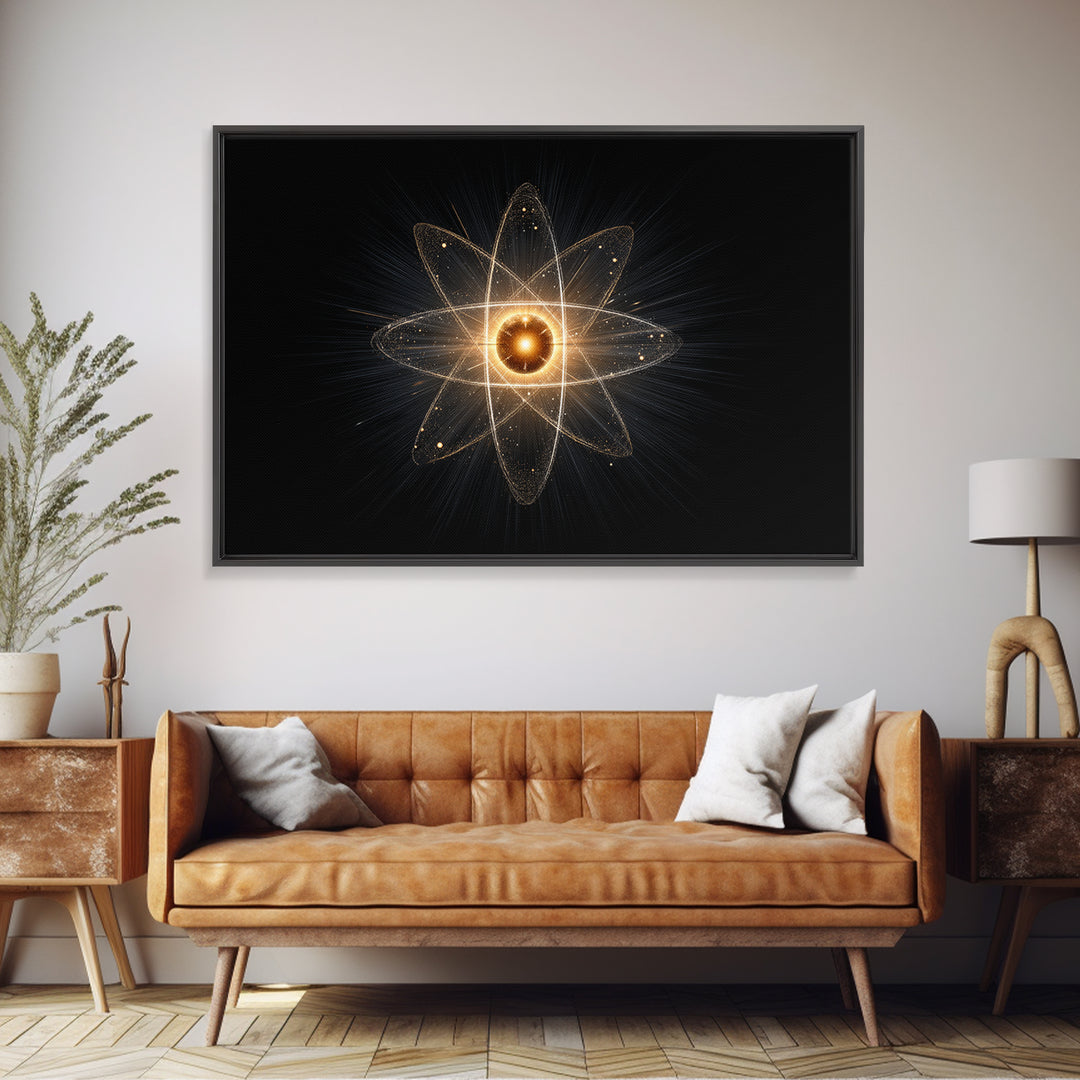 Glowing Atomic Starburst Orbit Wall Art, Midcentury Modern Science Poster, Black Gold Abstract Art Print, Retro Space Decor
